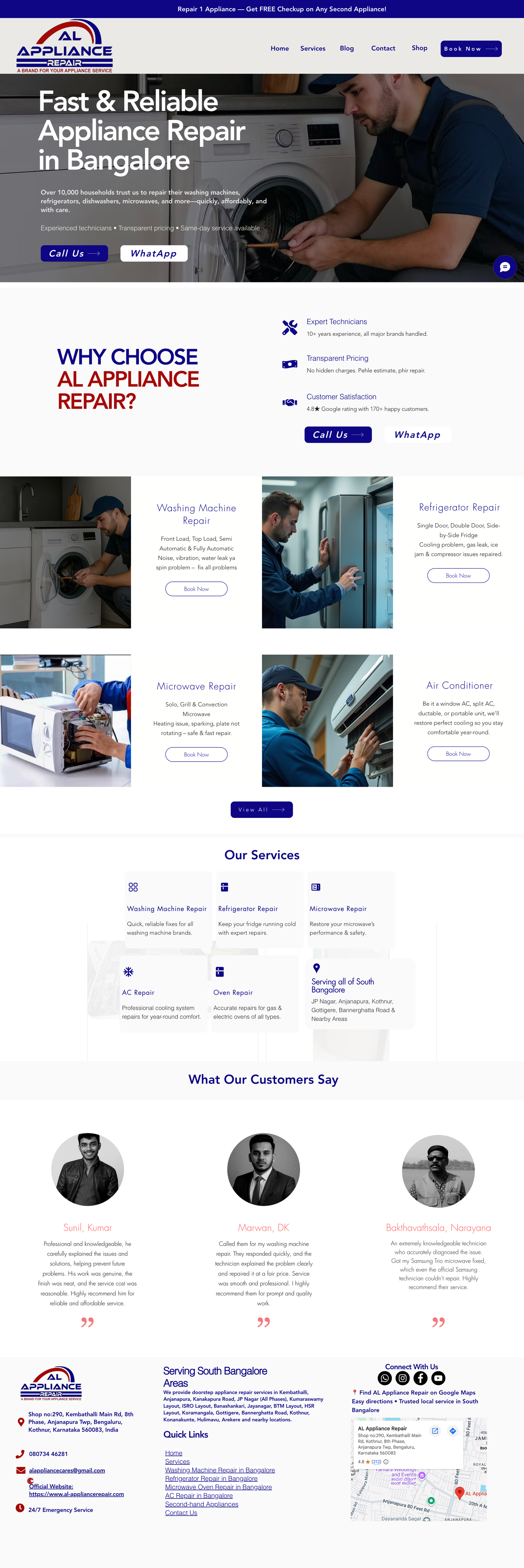 AL Appliance Repair website and booking flow